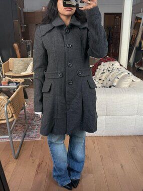 Vintage Grey Wool Trench Coat Babydoll Tailored Minimalist (M)